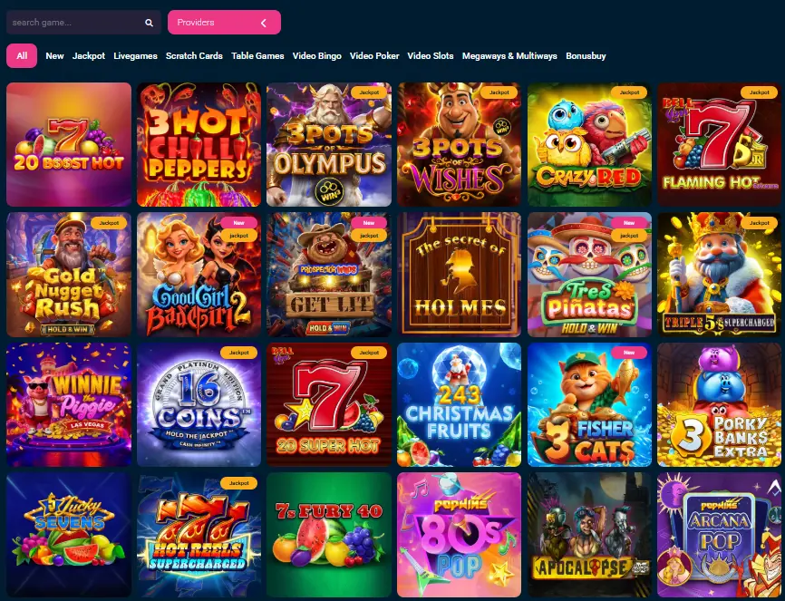Sweetsino Casino Spielauswahl mit Video Slots und Jackpots